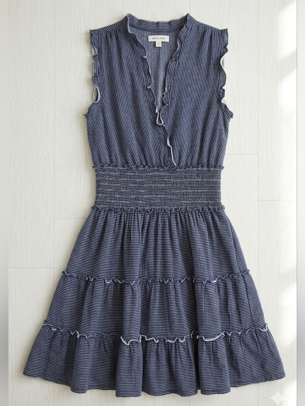 Max Studio Cotton Blend Pinstripe Ruffle Edge Vneck Dress Sz Xs